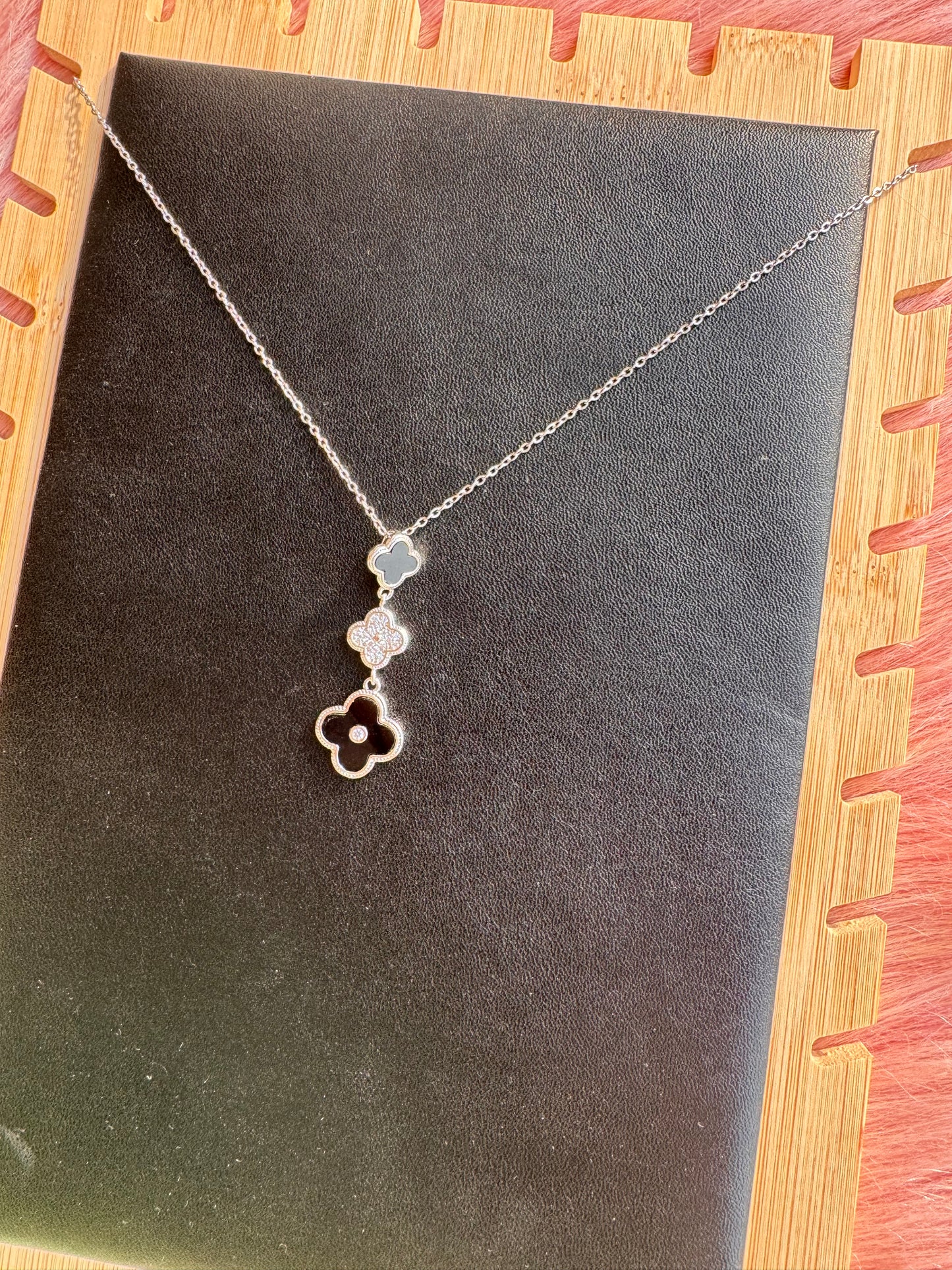 Triple Clover Drop Necklace – Black & Silver