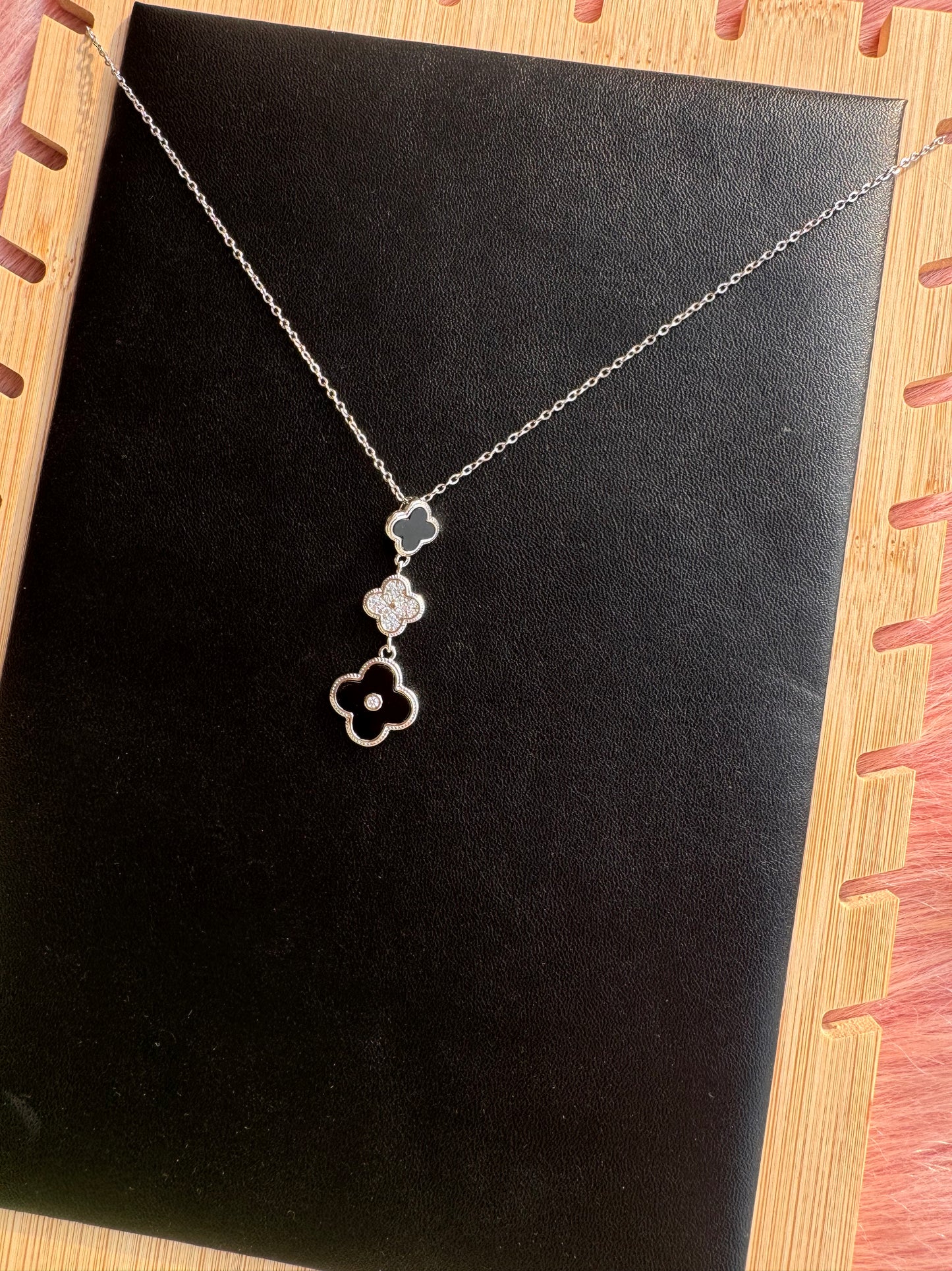 Triple Clover Drop Necklace – Black & Silver