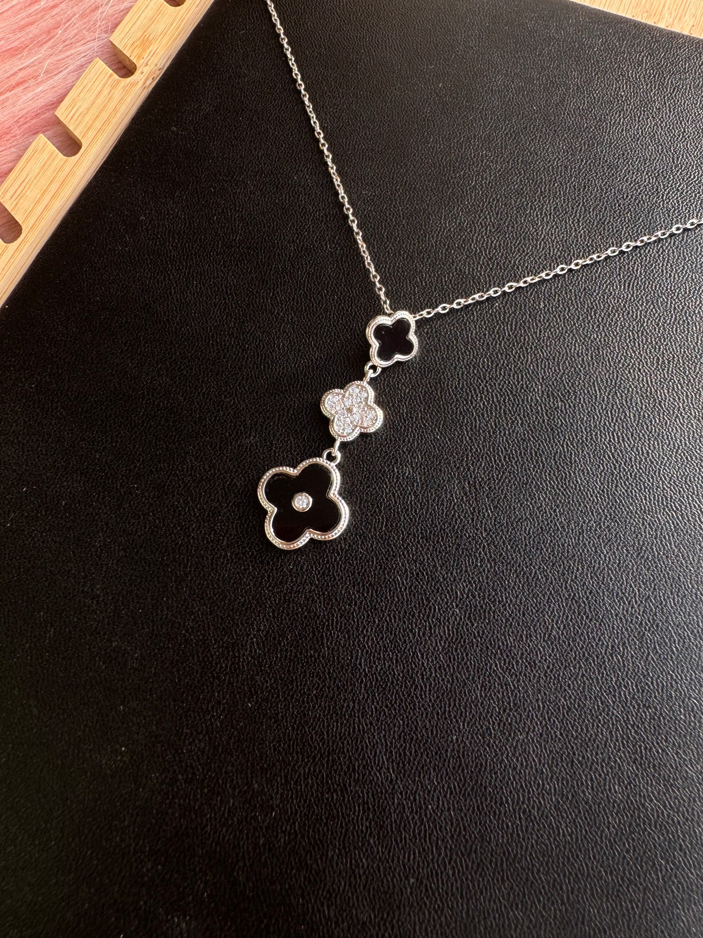 Triple Clover Drop Necklace – Black & Silver