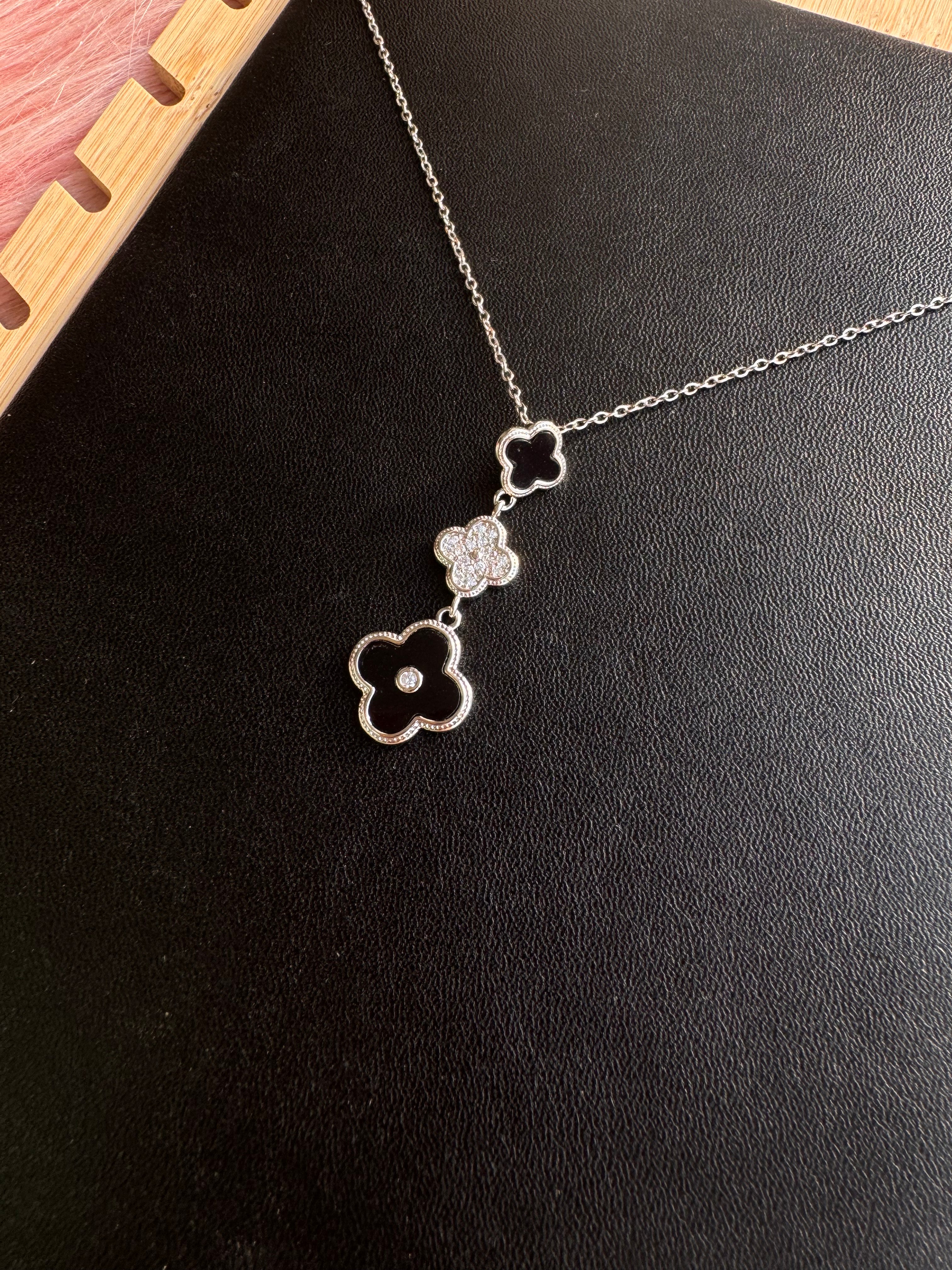 Cascading Pavé & Onyx Clover Drop Necklace