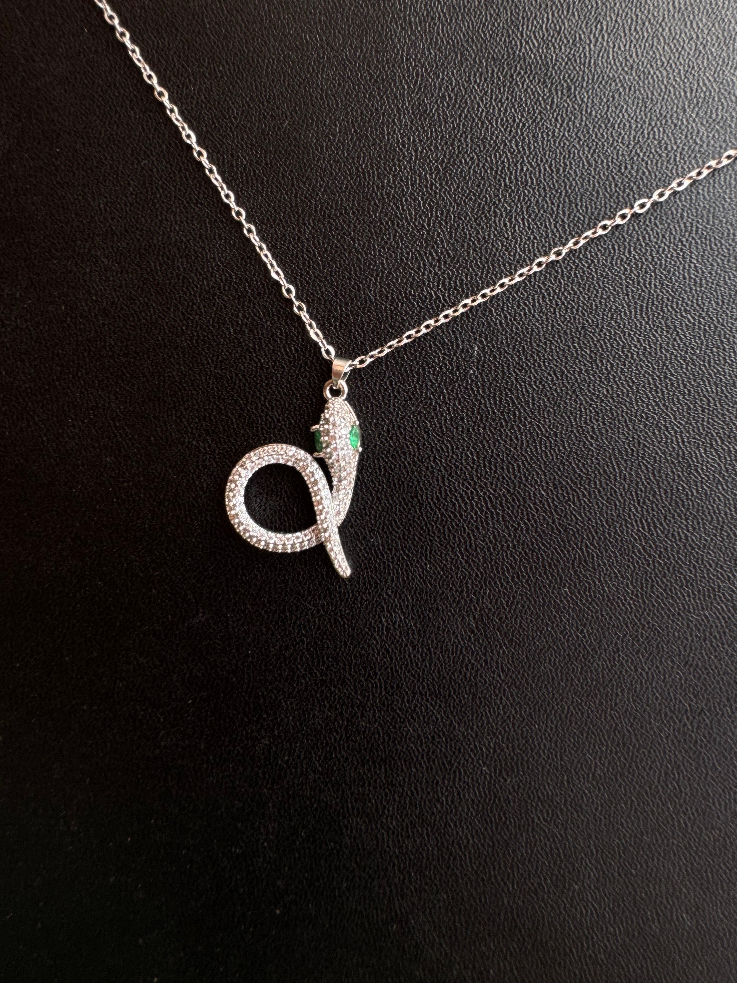 Emerald-Eyed Pavé Snake Pendant Necklace