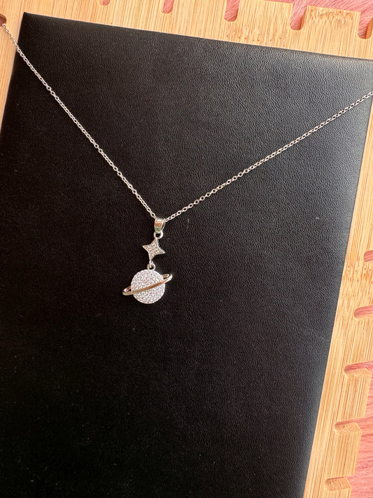 Crystal Saturn & Star Pendant Necklace – Silver