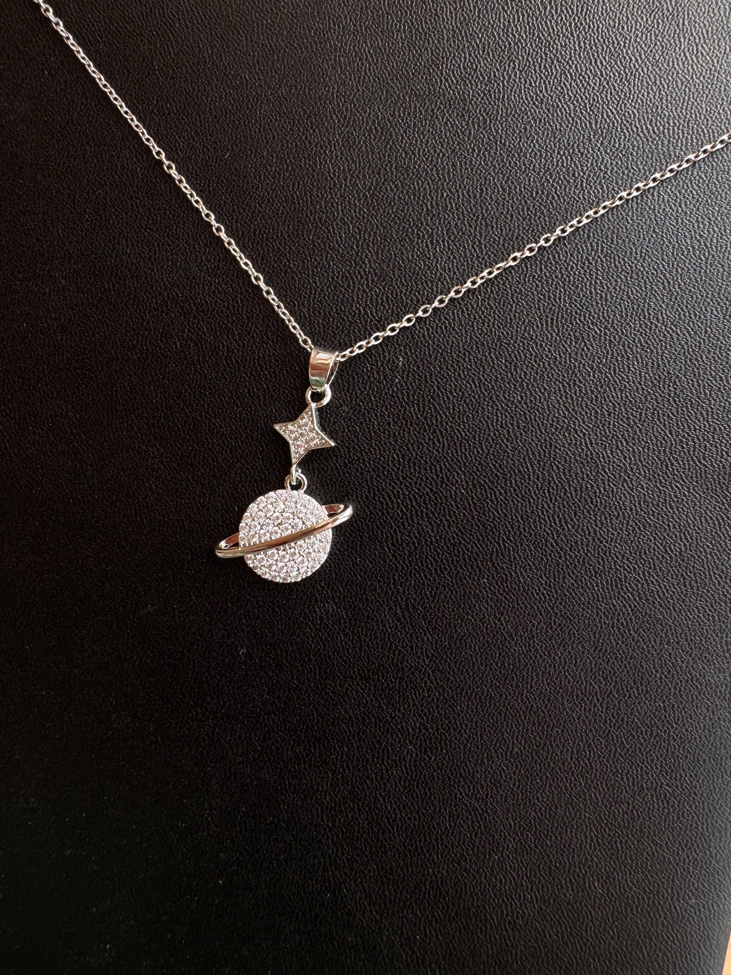 Crystal Saturn & Star Pendant Necklace – Silver