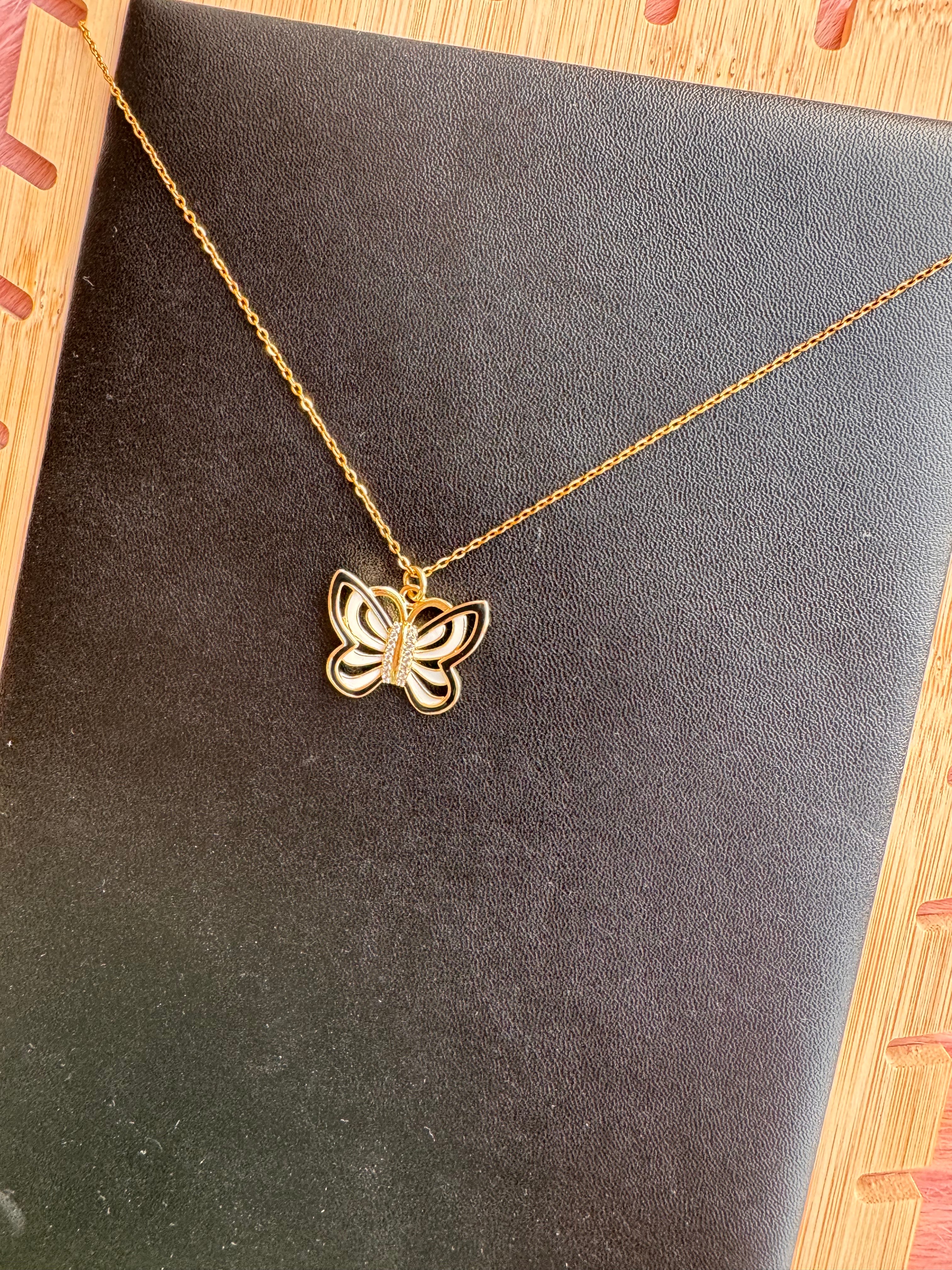 Monochrome Enamel Butterfly Pendant Necklace