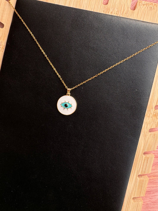 Enamel Evil Eye Pendant Necklace – White & Turquoise