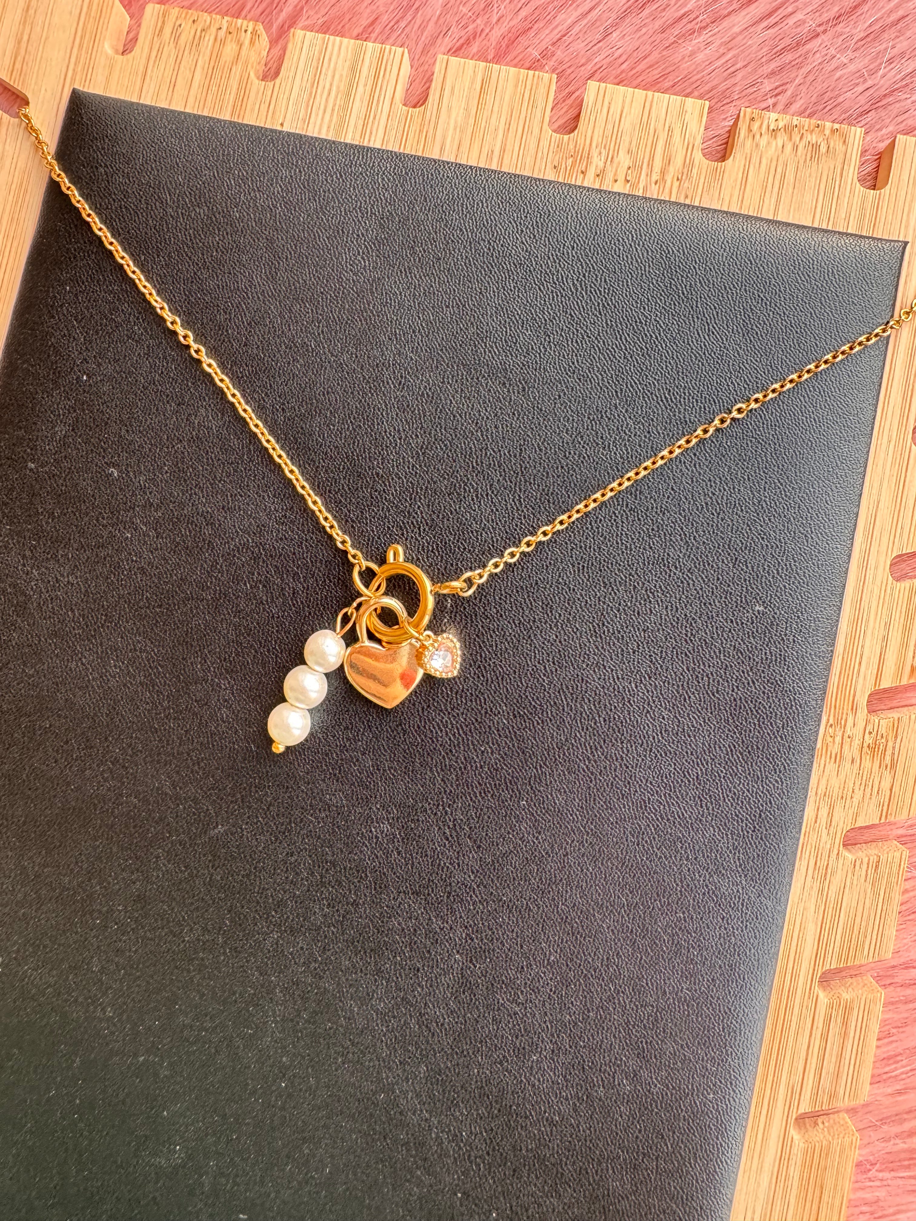 Pearl & Heart Multi-Charm Front-Clasp Necklace