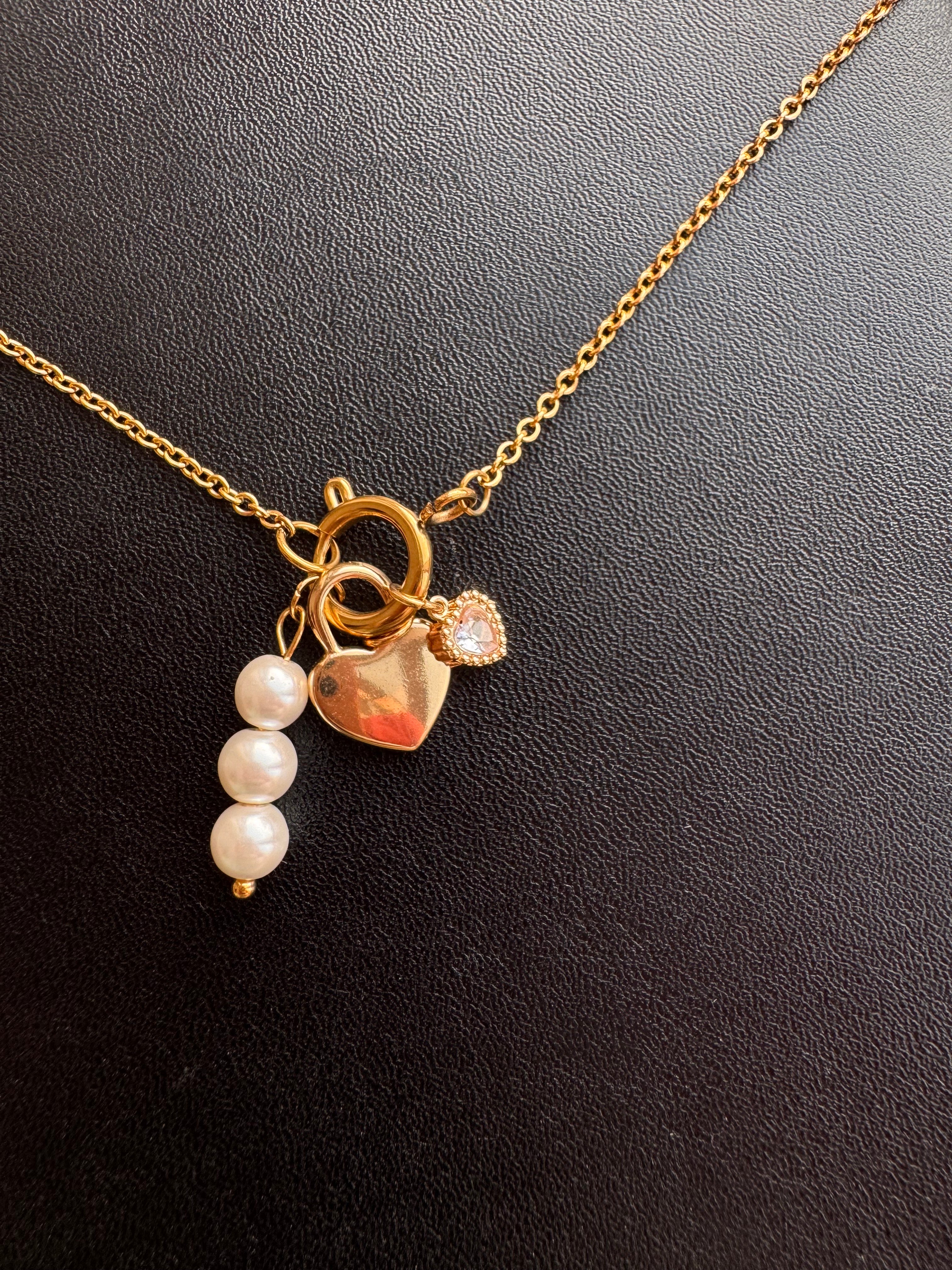 Pearl & Heart Multi-Charm Front-Clasp Necklace
