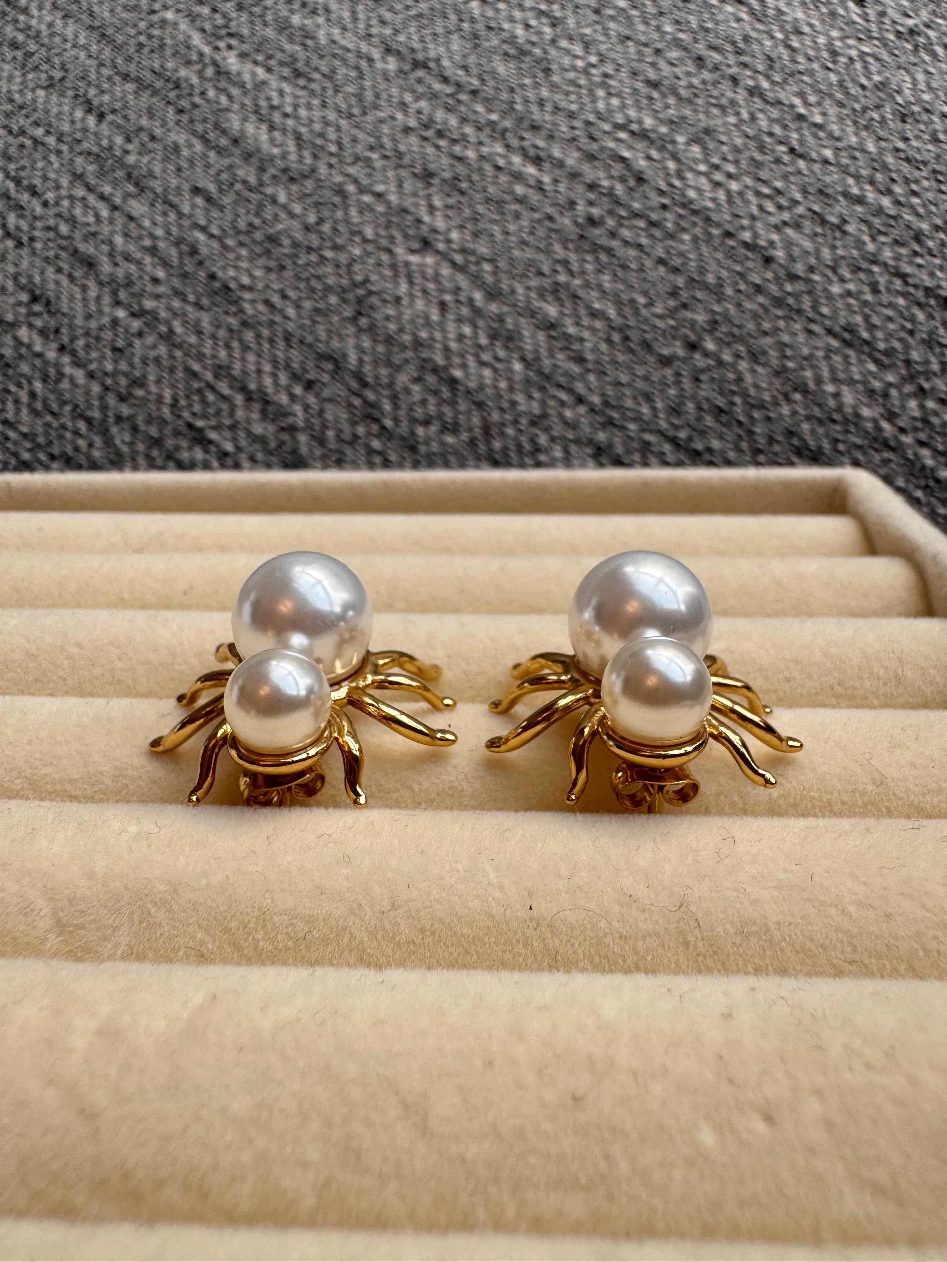 Golden Pearl Spider Studs
