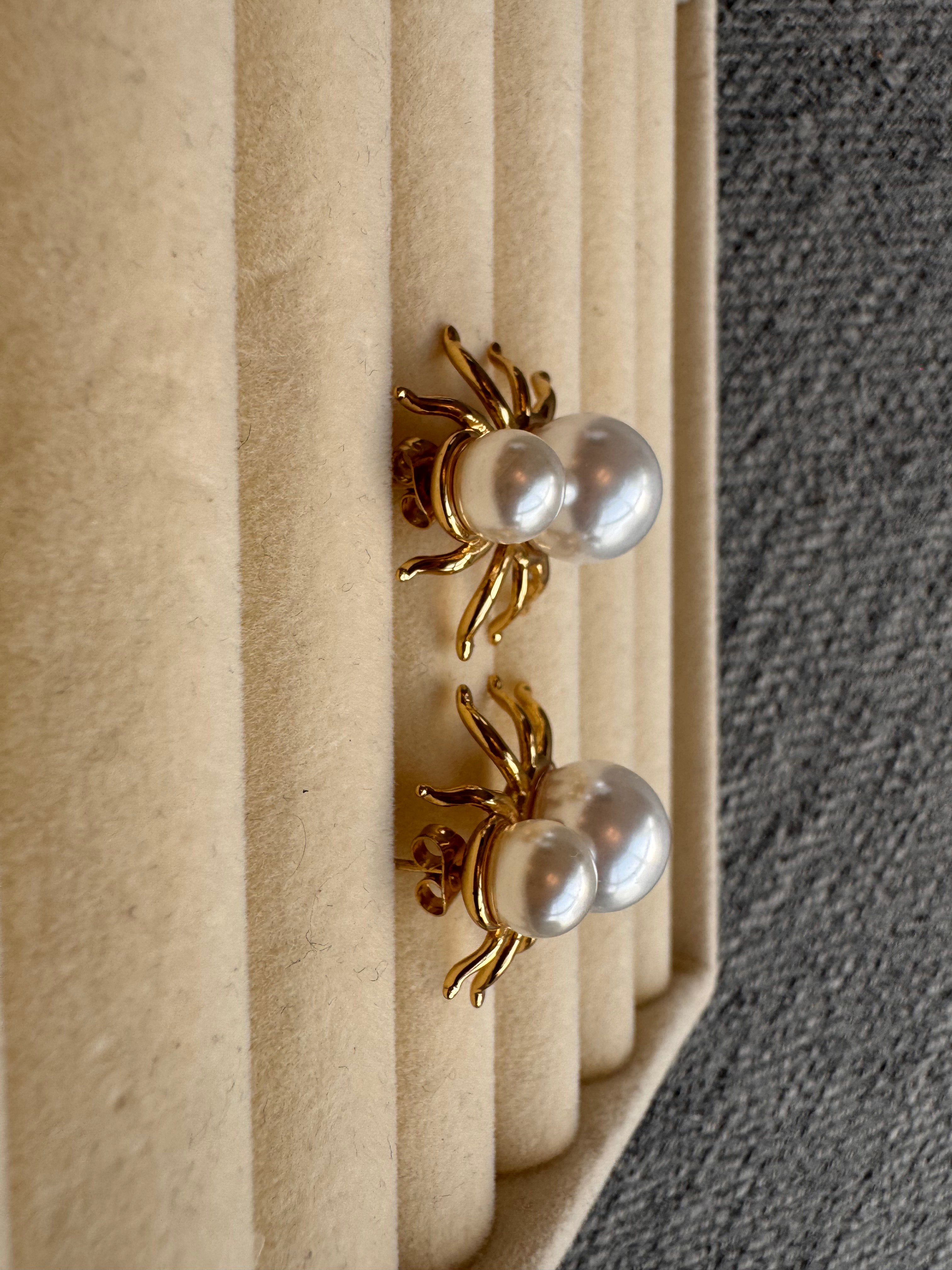 Golden Pearl Spider Studs