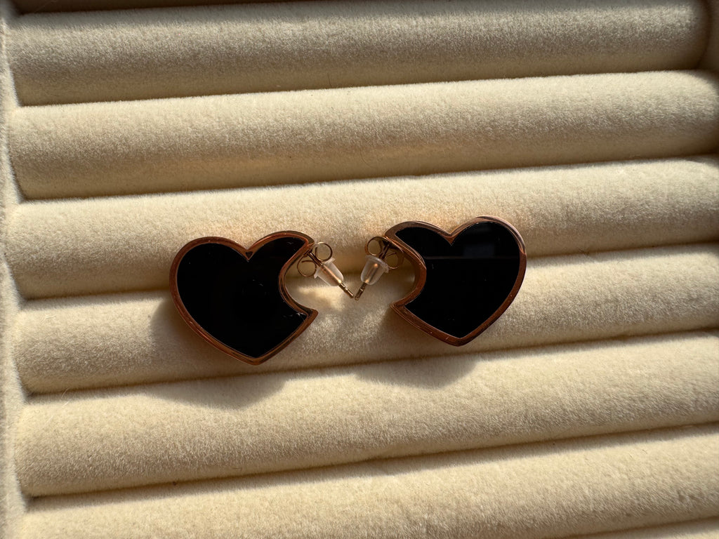 The Noir Enamel Heart Rose-Gold Studs