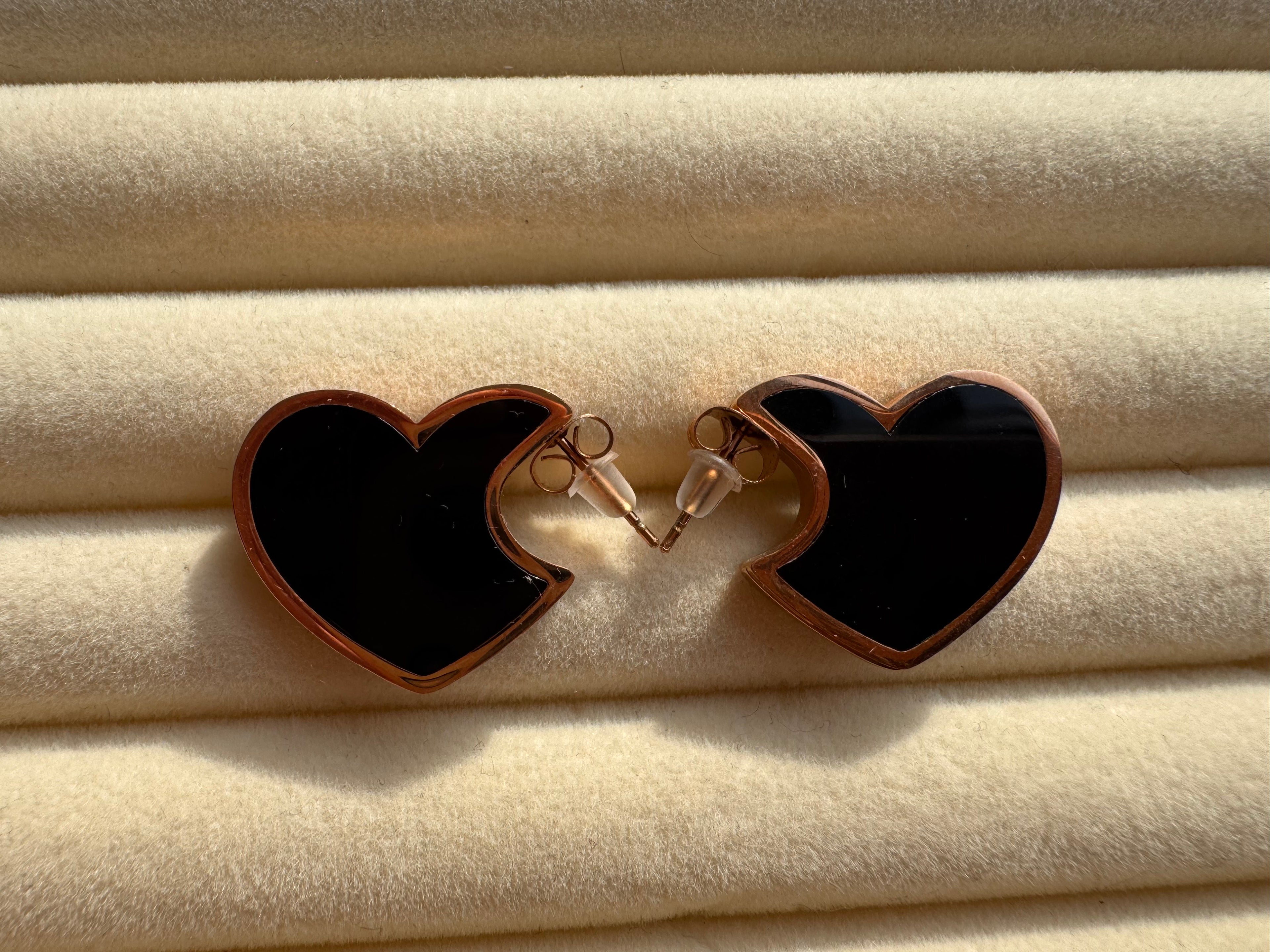 The Noir Enamel Heart Rose-Gold Studs