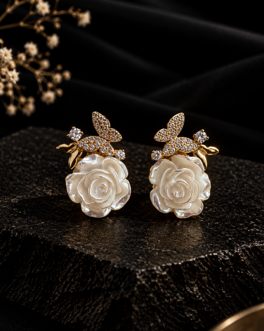 Ivory Rose & Crystal Earrings