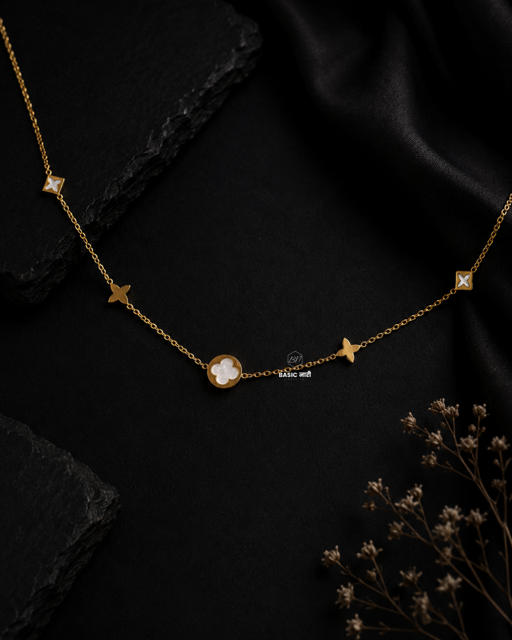 The Pearl-Lustre Clover & Blossom Station Necklace