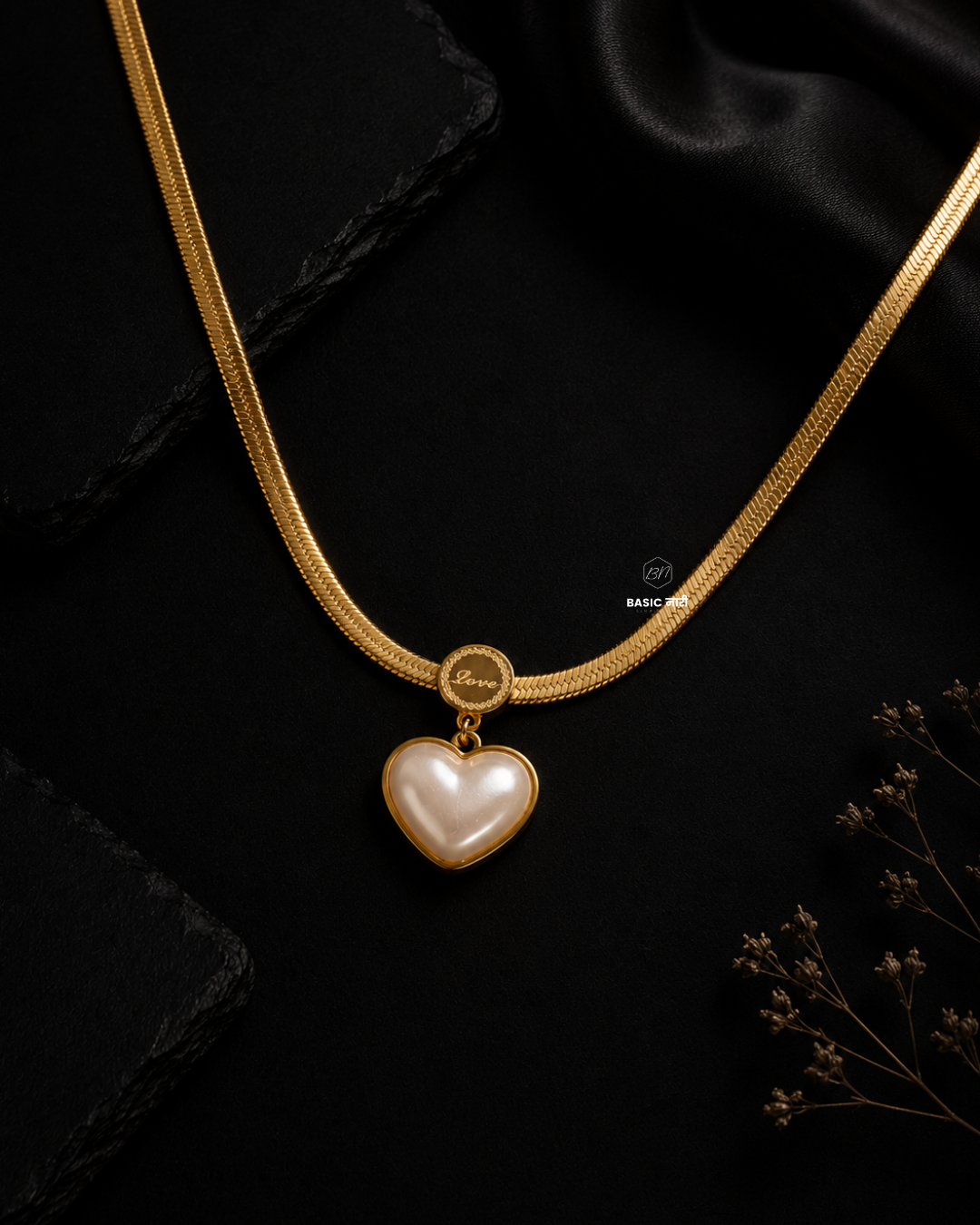 The Pearl-Lustre Vintage Heart Herringbone Necklace
