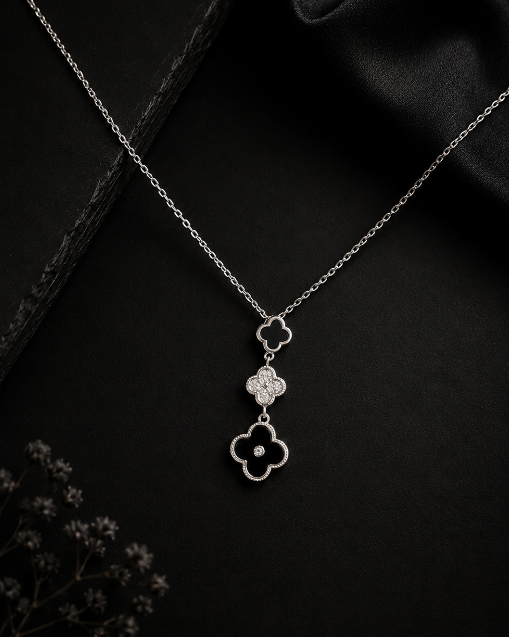 Cascading Pavé & Onyx Clover Drop Necklace