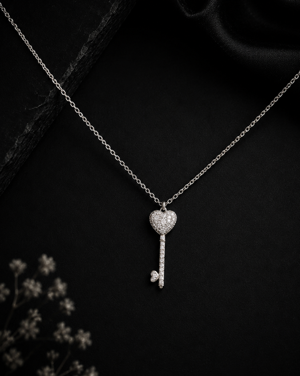 Pavé Heart Key Pendant Necklace