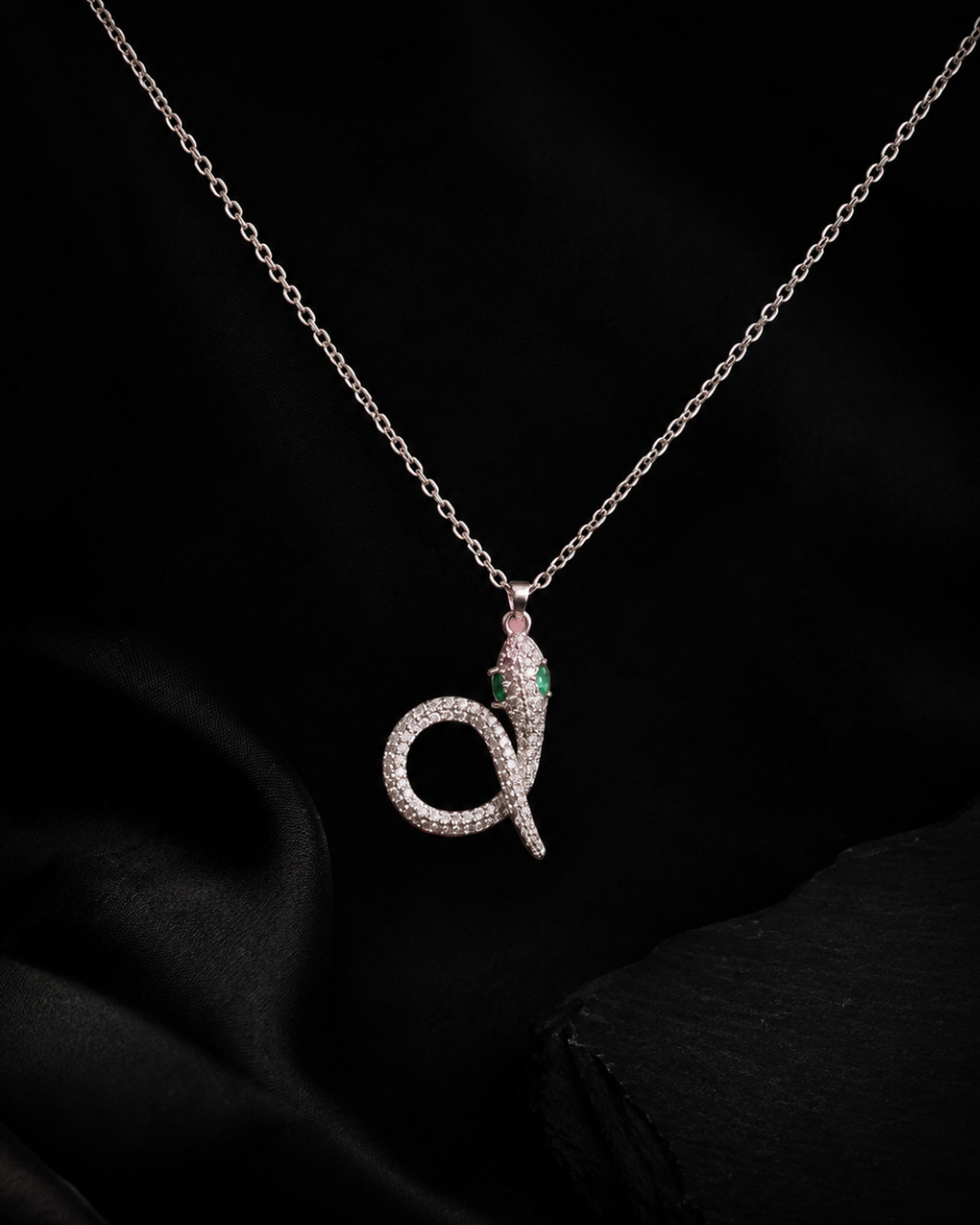 Emerald-Eyed Pavé Snake Pendant Necklace