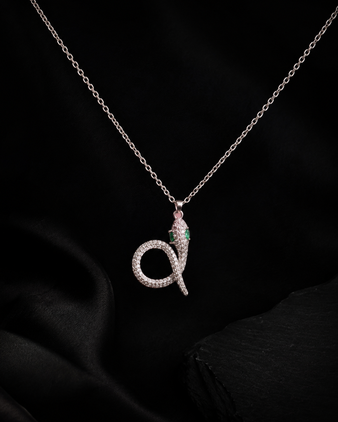 Emerald-Eyed Pavé Snake Pendant Necklace