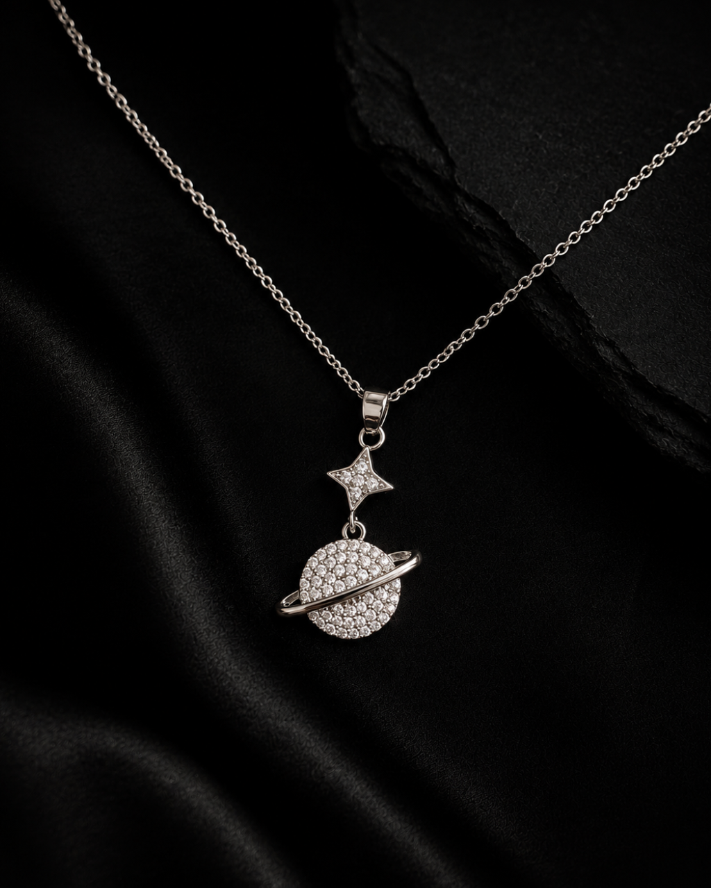 Cosmic Planet & Star Pavé Drop Necklace