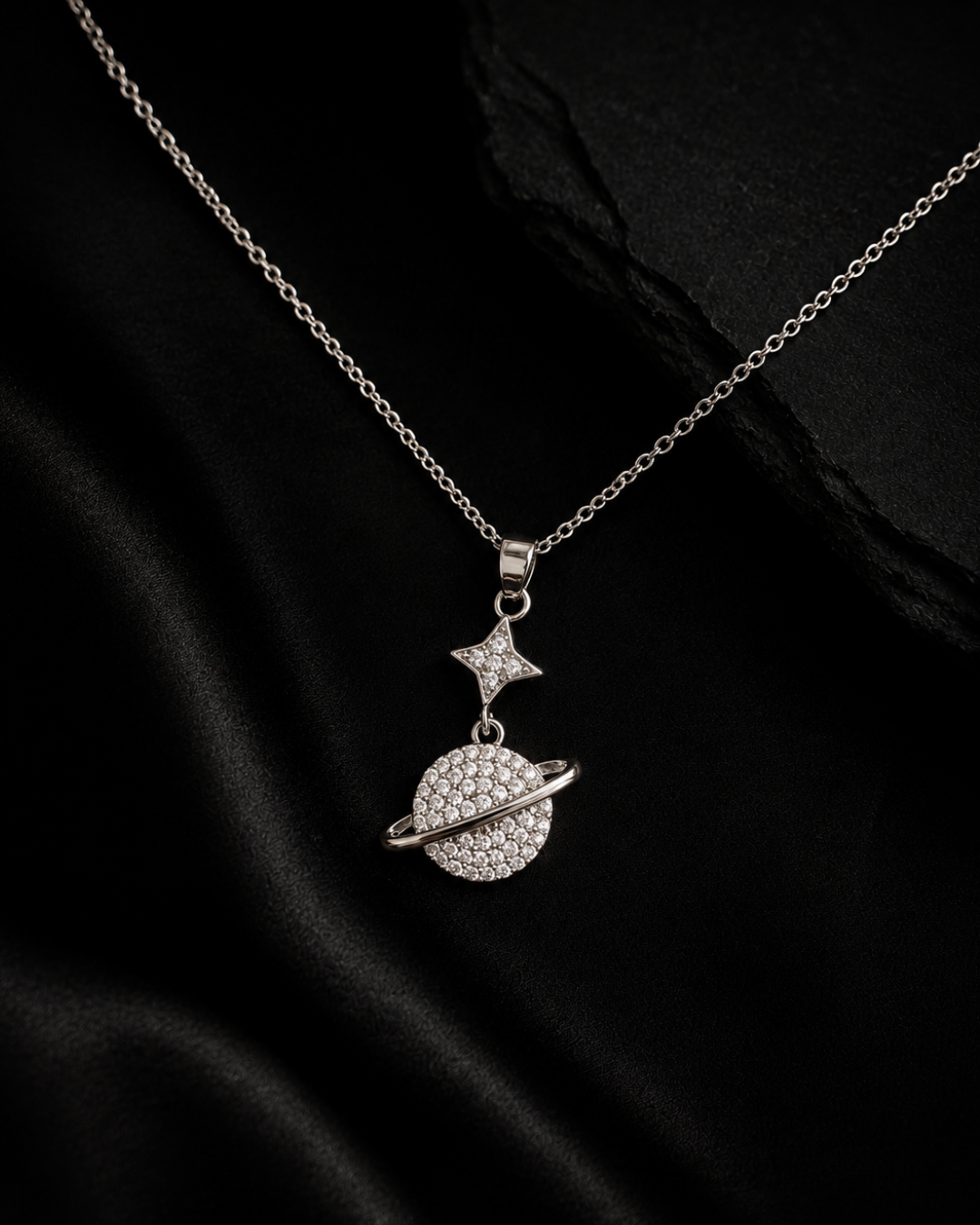 Cosmic Planet & Star Pavé Drop Necklace