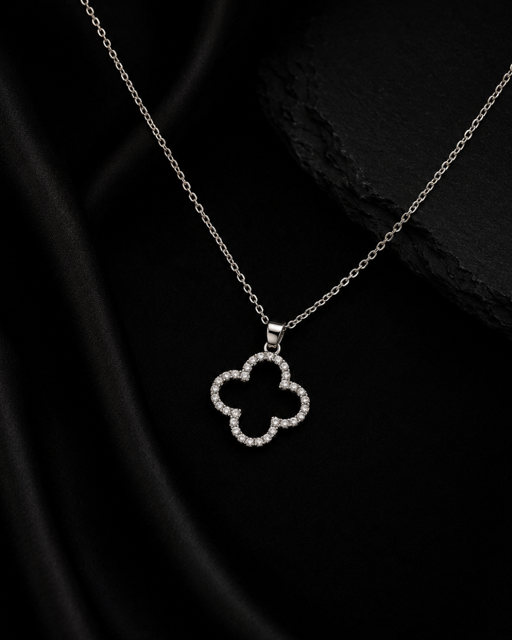 Open Clover Pavé Outline Pendant Necklace