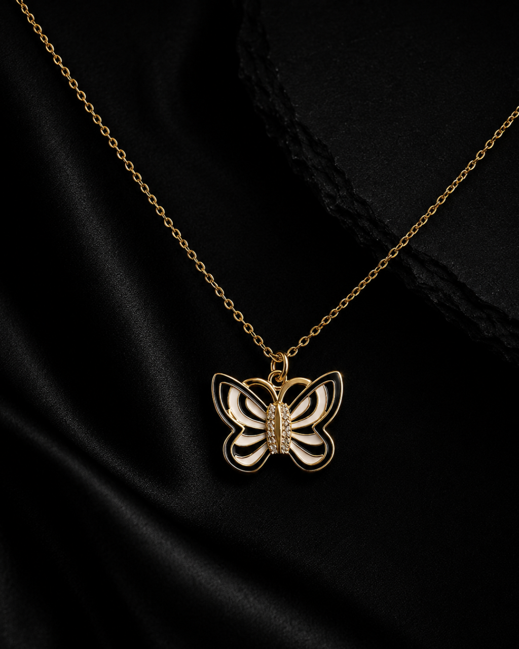 Monochrome Enamel Butterfly Pendant Necklace