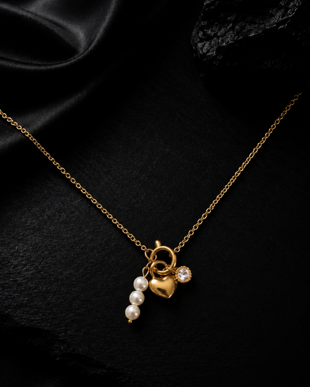 Pearl & Heart Multi-Charm Front-Clasp Necklace