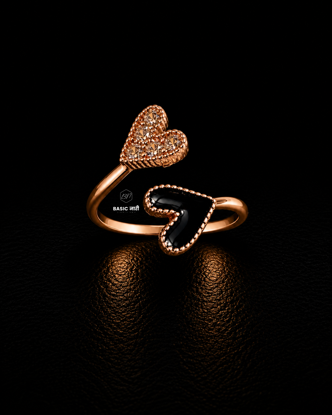 Rose Gold Beaded Dual Heart Open Ring
