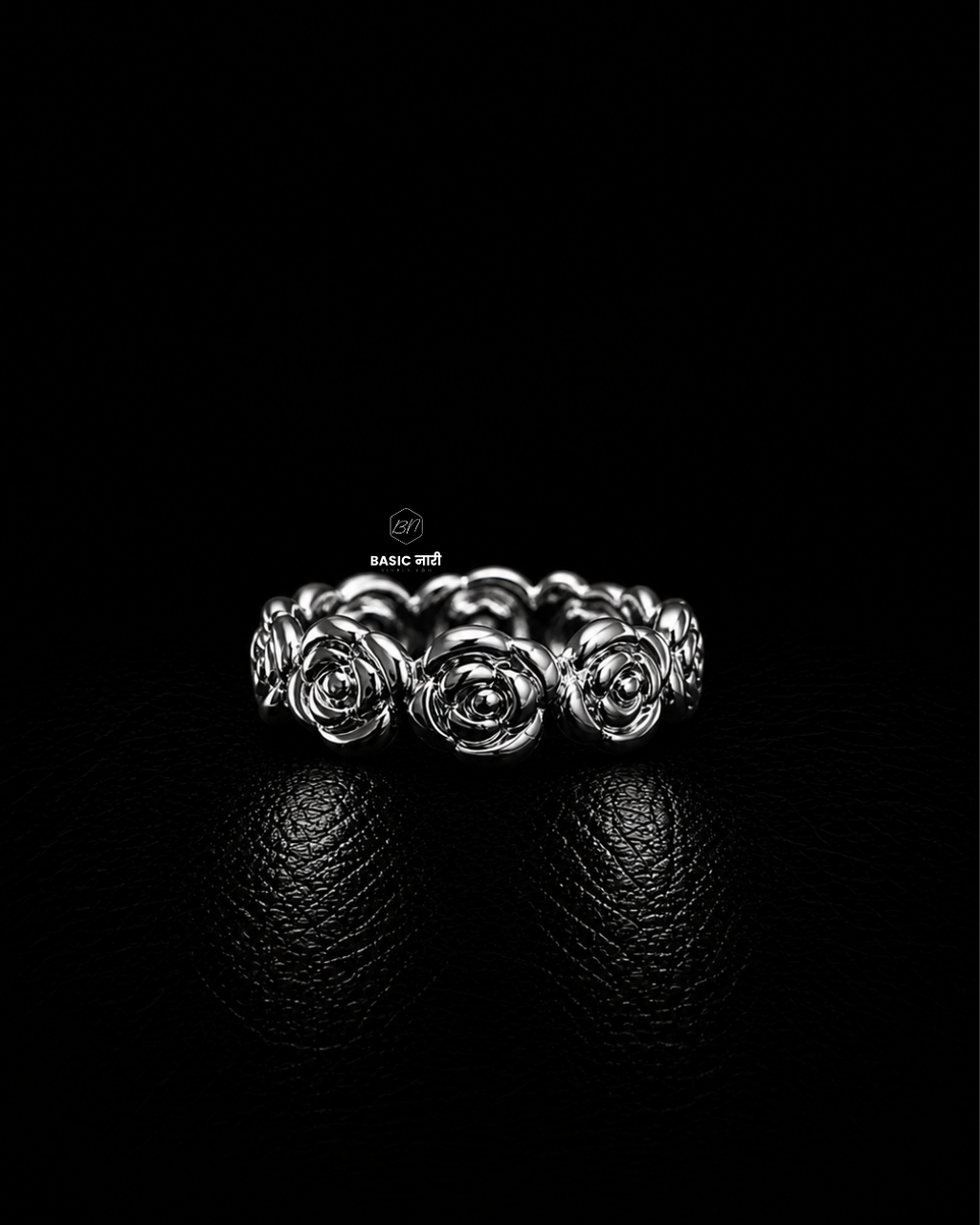 Silver Sculpted Rose Eternity Band Ring